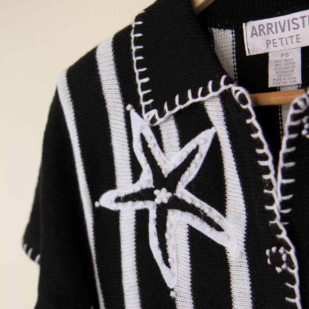 Vintage Button Knit Sweater Black White Stars Med - Picture 11 of 13